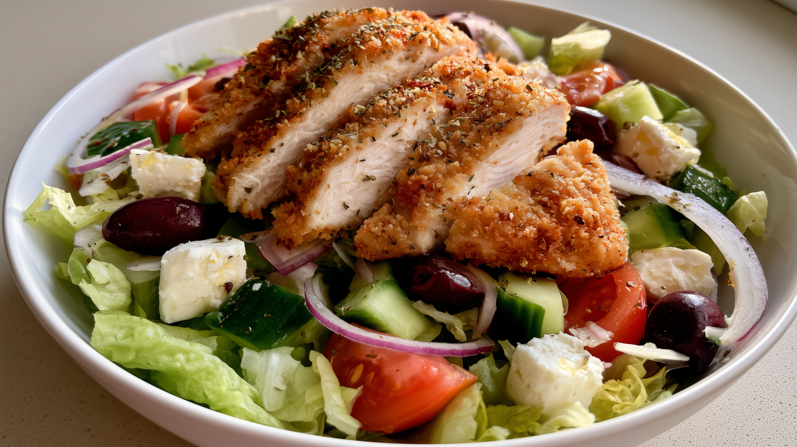 You are currently viewing Greek Salad with Crispy Breaded Chicken Breast